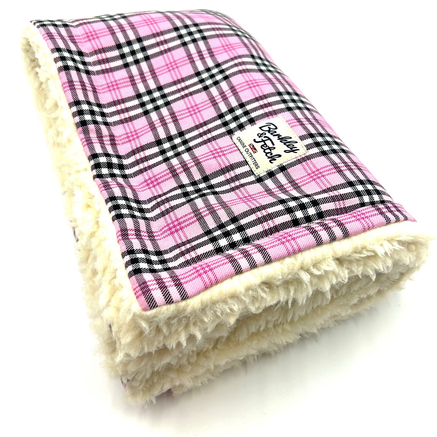 Beautiful handmade pink check dog blanket with Sherpa fur on the inside
