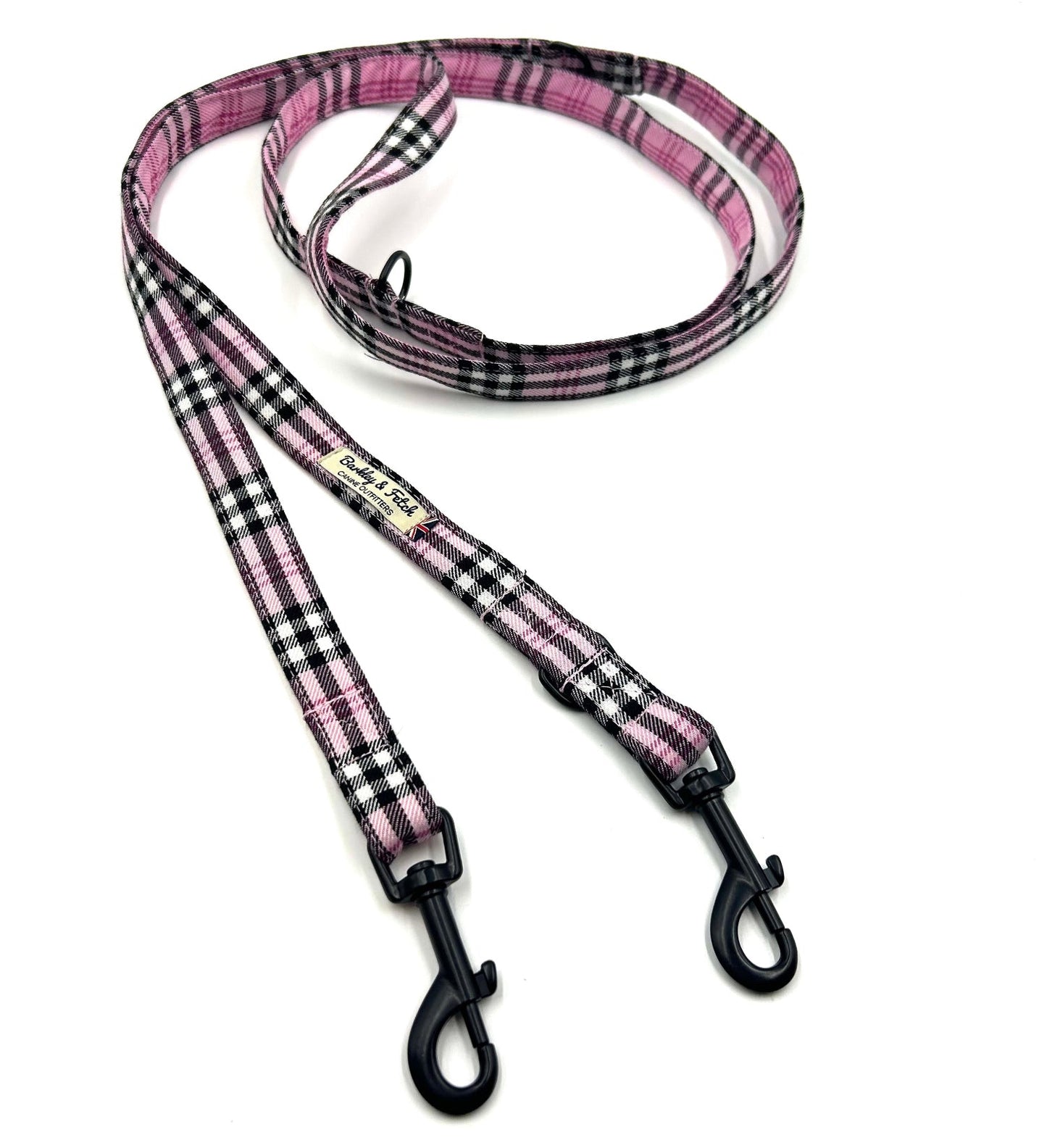 Beautifully made pink check double ended dog training lead