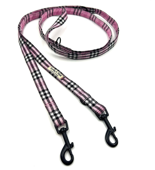 Beautifully made pink check double ended dog training lead