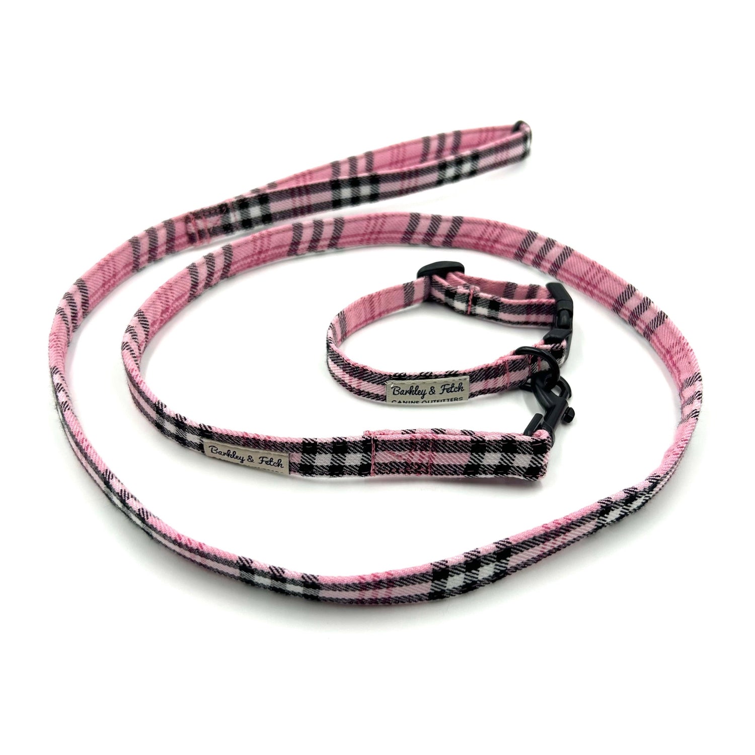 Pretty pink check puppy collar and lead set