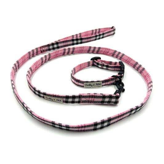 Pretty pink check puppy collar and lead set