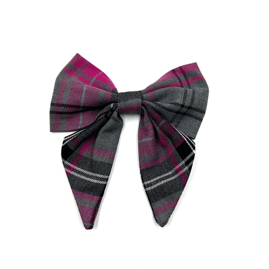Handmade pink and grey check sailor bow made to attach to a dog collar