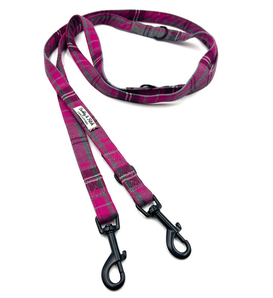 Beautiful handmade pink and grey tartan double ended dog training lead