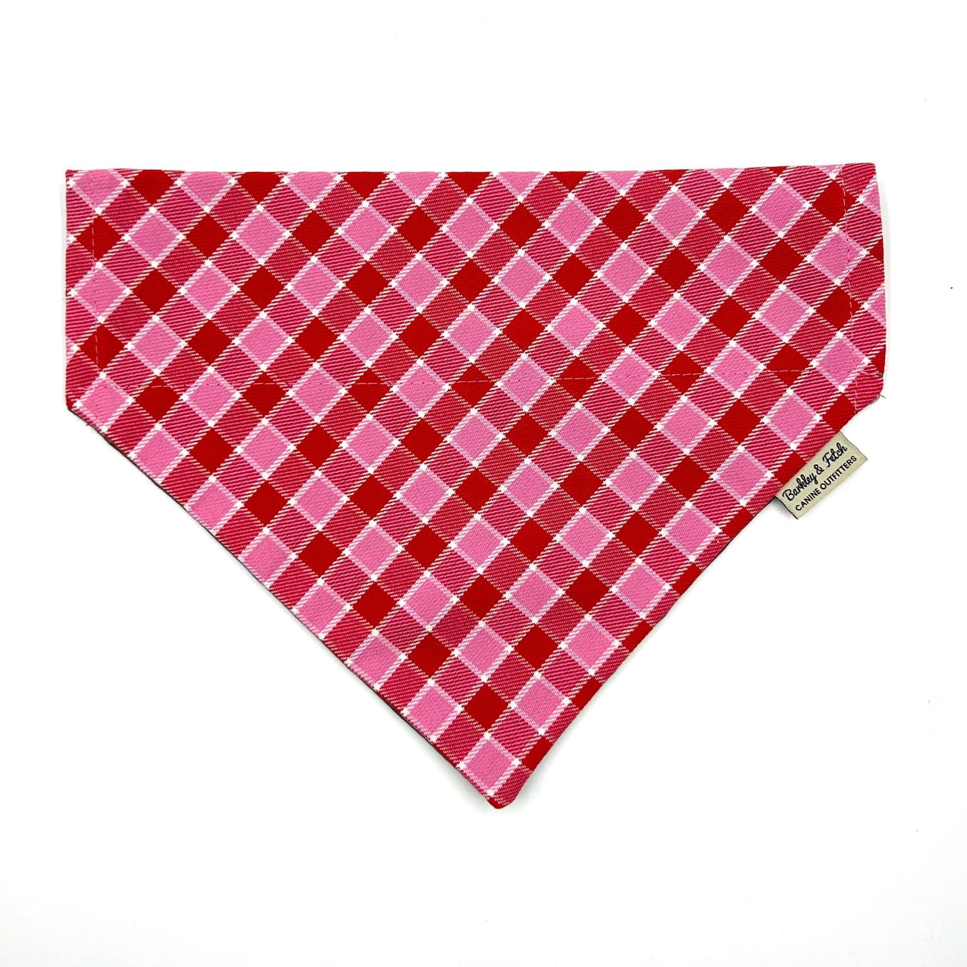 Pink and red checkered bandana with a brand tag on a white background