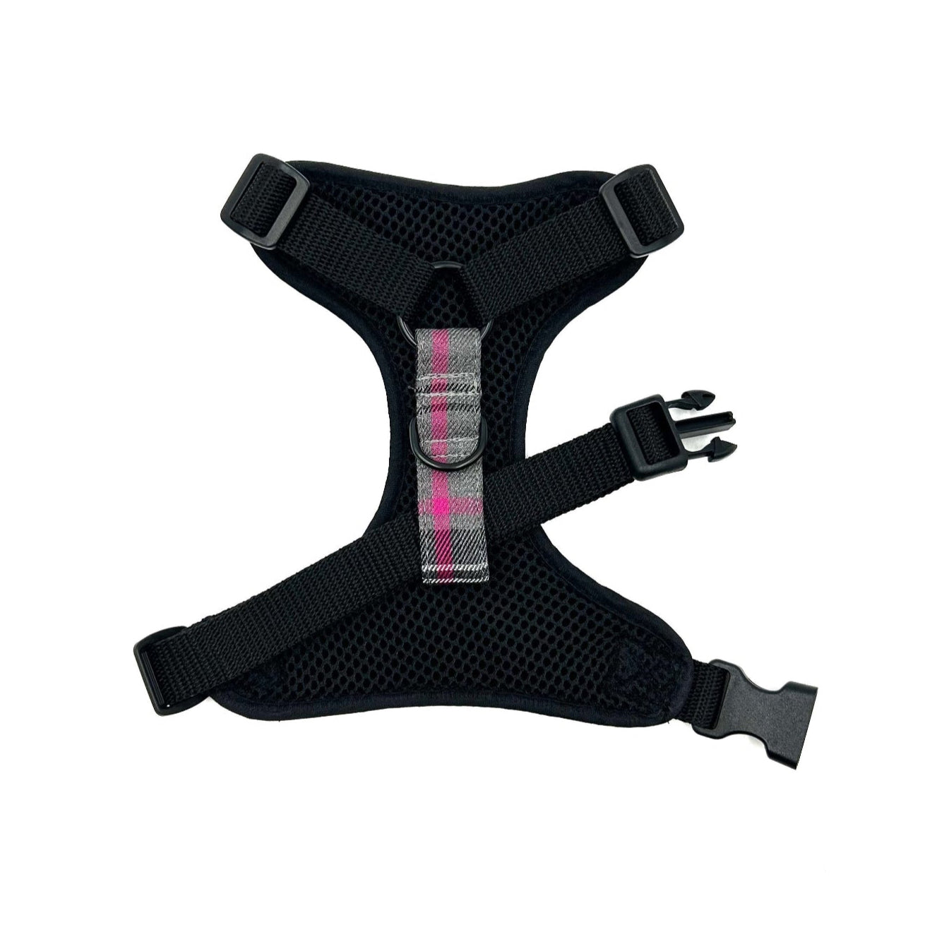 Black dog harness with a pink and gray pattern on a white background