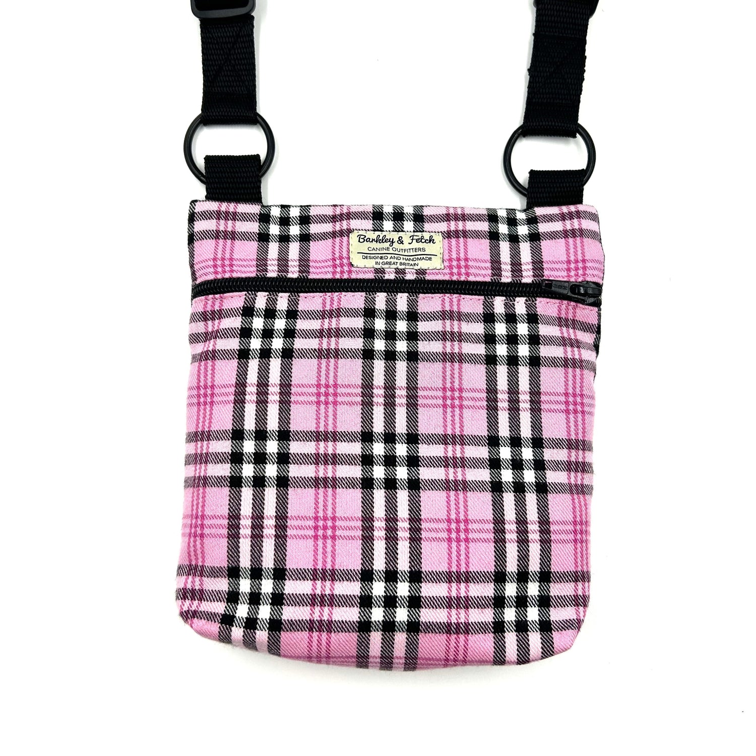 Beautiful pink and black check shoulder bag for dog walking with black strap