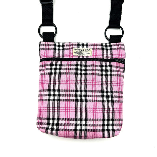 Beautiful pink and black check shoulder bag for dog walking with black strap