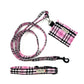 Handmade Pink check dog accessories including lead, collar and poo bag on a white back ground