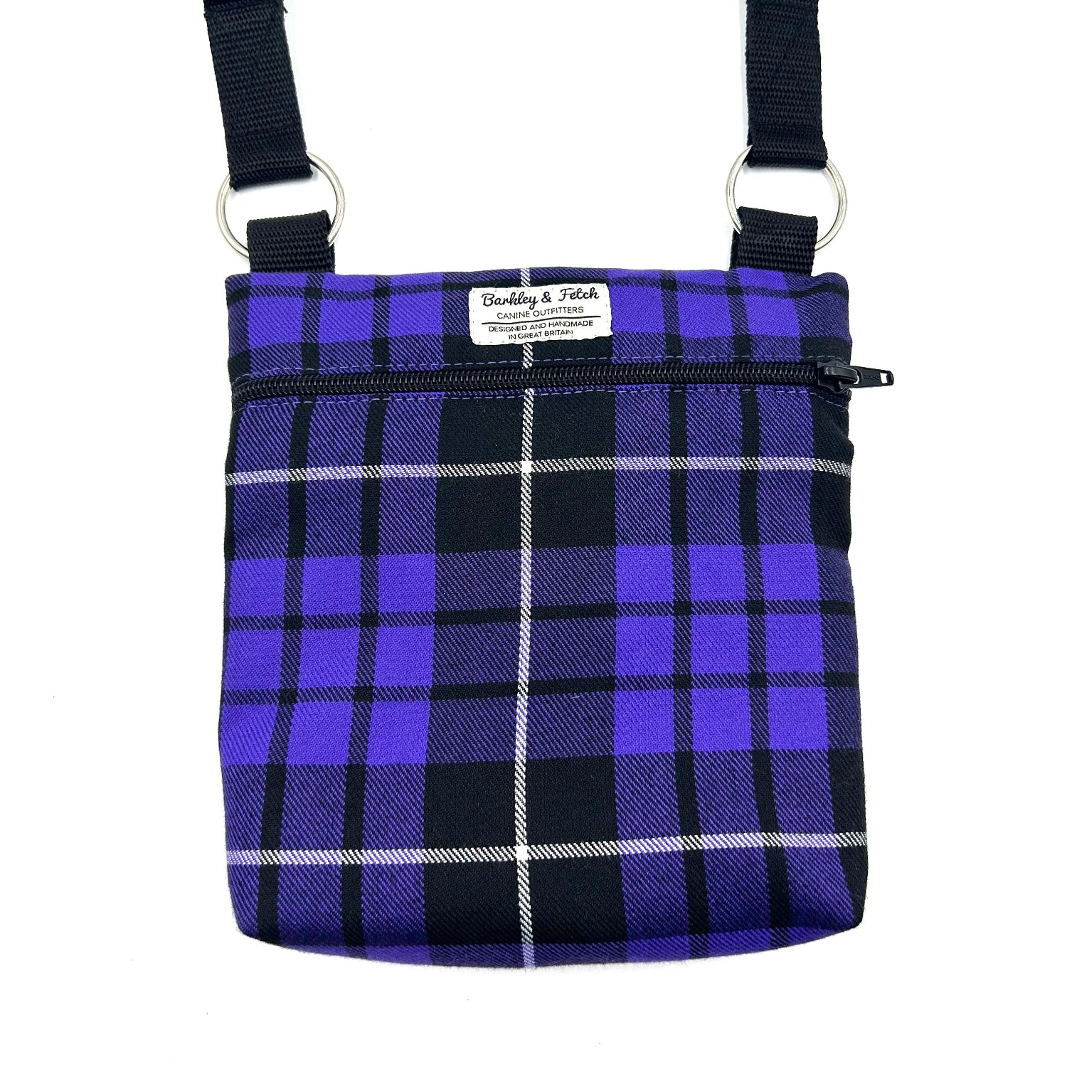 Handmade purple tartan shoulder bag for dog walking