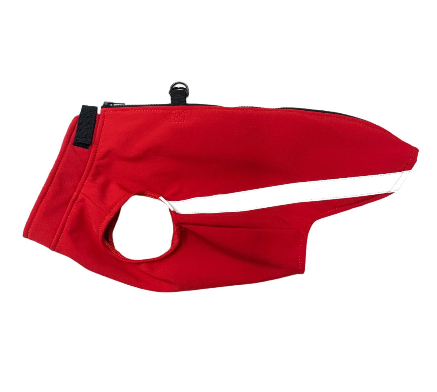 A red softshell dog coat with a full zip at the back and D-ring attachments for a leash, Windproof and waterproof, handmade by Barkley and fetch UK