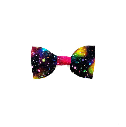 Stylish rainbow galaxy print dog bowtie with elastic loops at back to thread through a collar