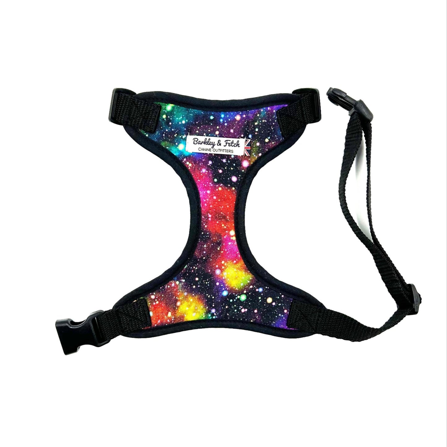 Handmade rainbow galaxy print dog soft harness with black trims