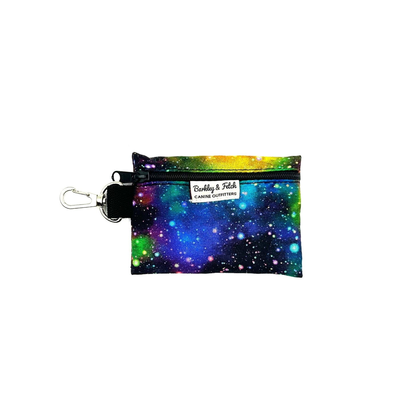 Beautifully made rainbow galaxy print poo bag holder with attachable clip