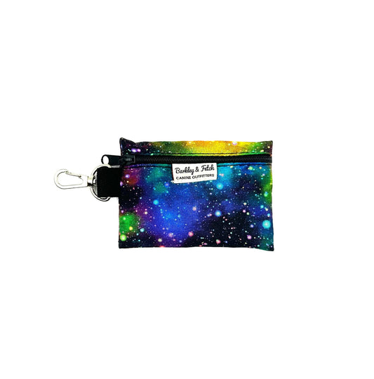 Beautifully made rainbow galaxy print poo bag holder with attachable clip