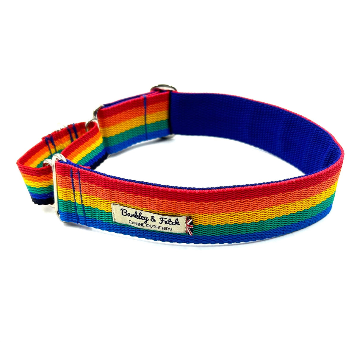 A martingale style dog collar with a rainbow webbing design and a metal buckle handmade in the UK by Barkley And Fetch