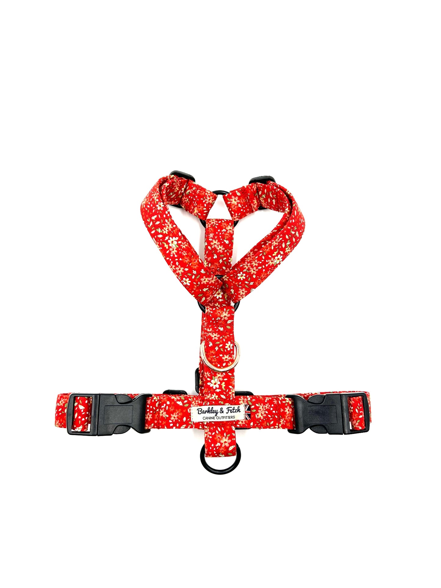 Handmade red ditsy floral print strap harness for dogs