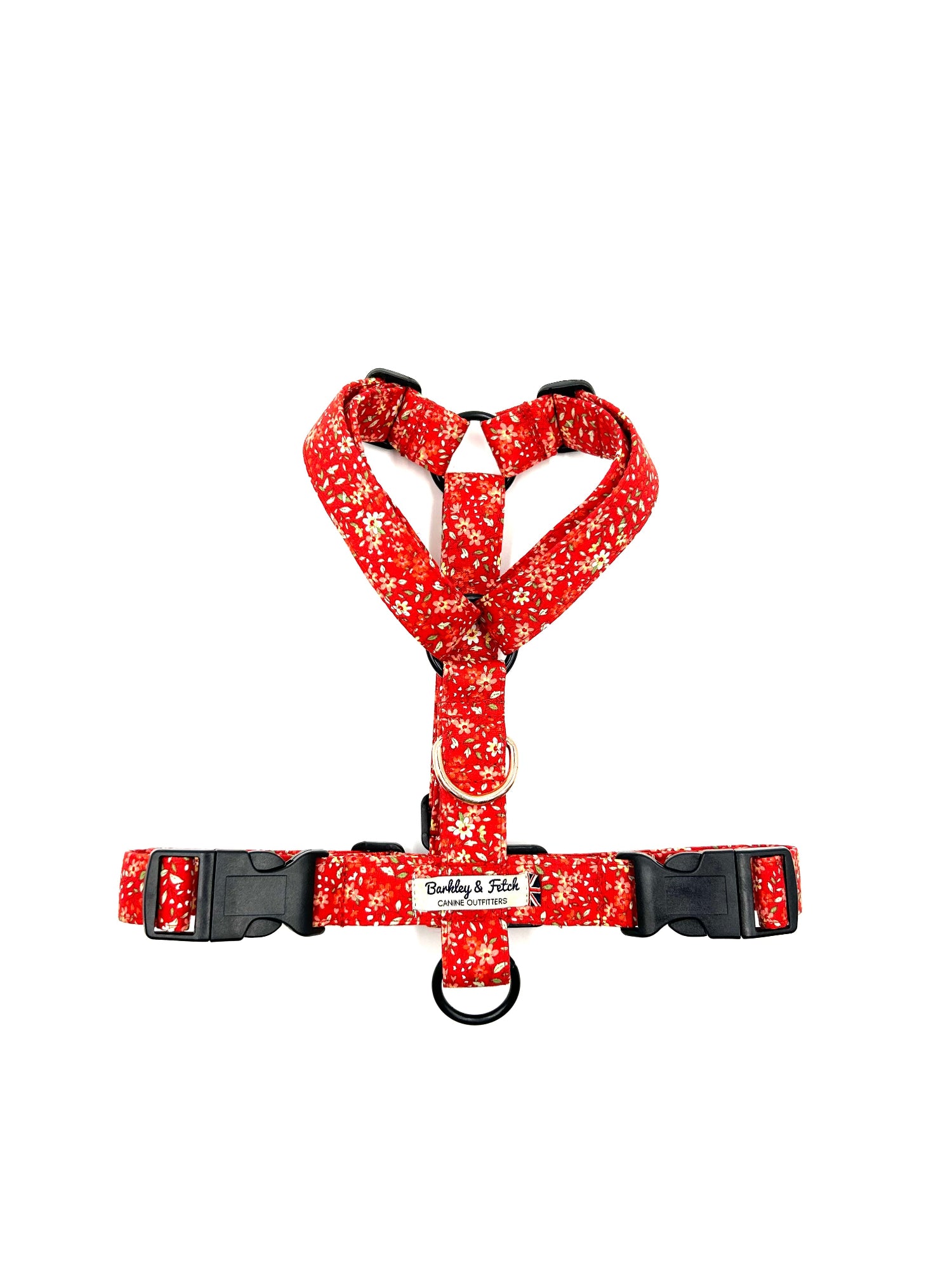 Handmade red ditsy floral print strap harness for dogs