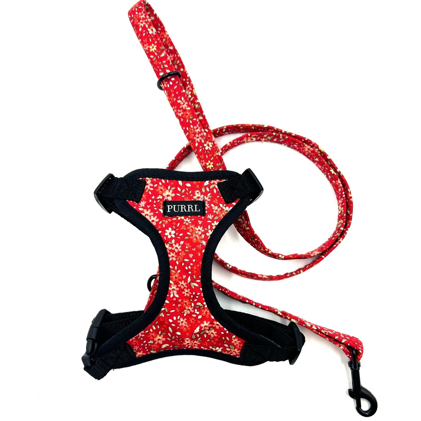 Beautiful handmade cat soft harness and lead in red ditsy floral print 
