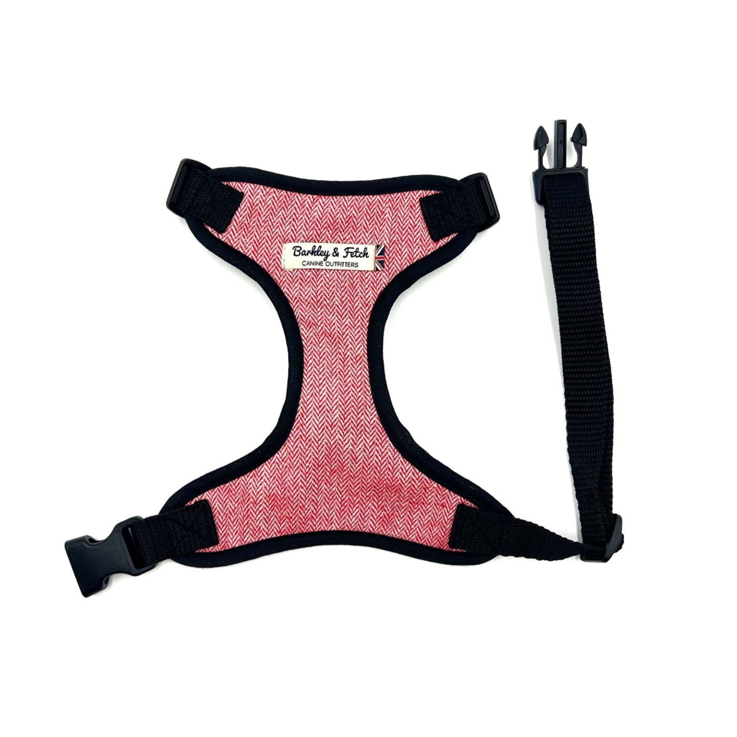 Handmade red herringbone soft harness with black trims for dogs