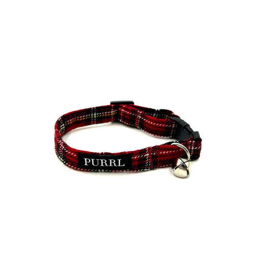 Handmade red tartan cat set of a collar with a bell, bowtie and bandana that can be attached to the collar