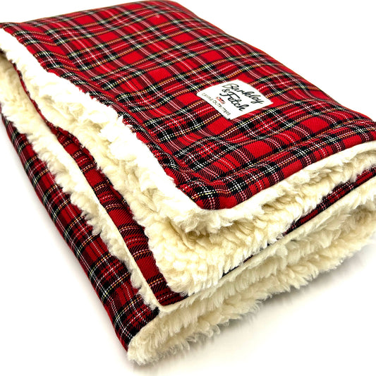 Beautiful handmade red tartan dog blanket with Sherpa fur on the inside for extra comfort