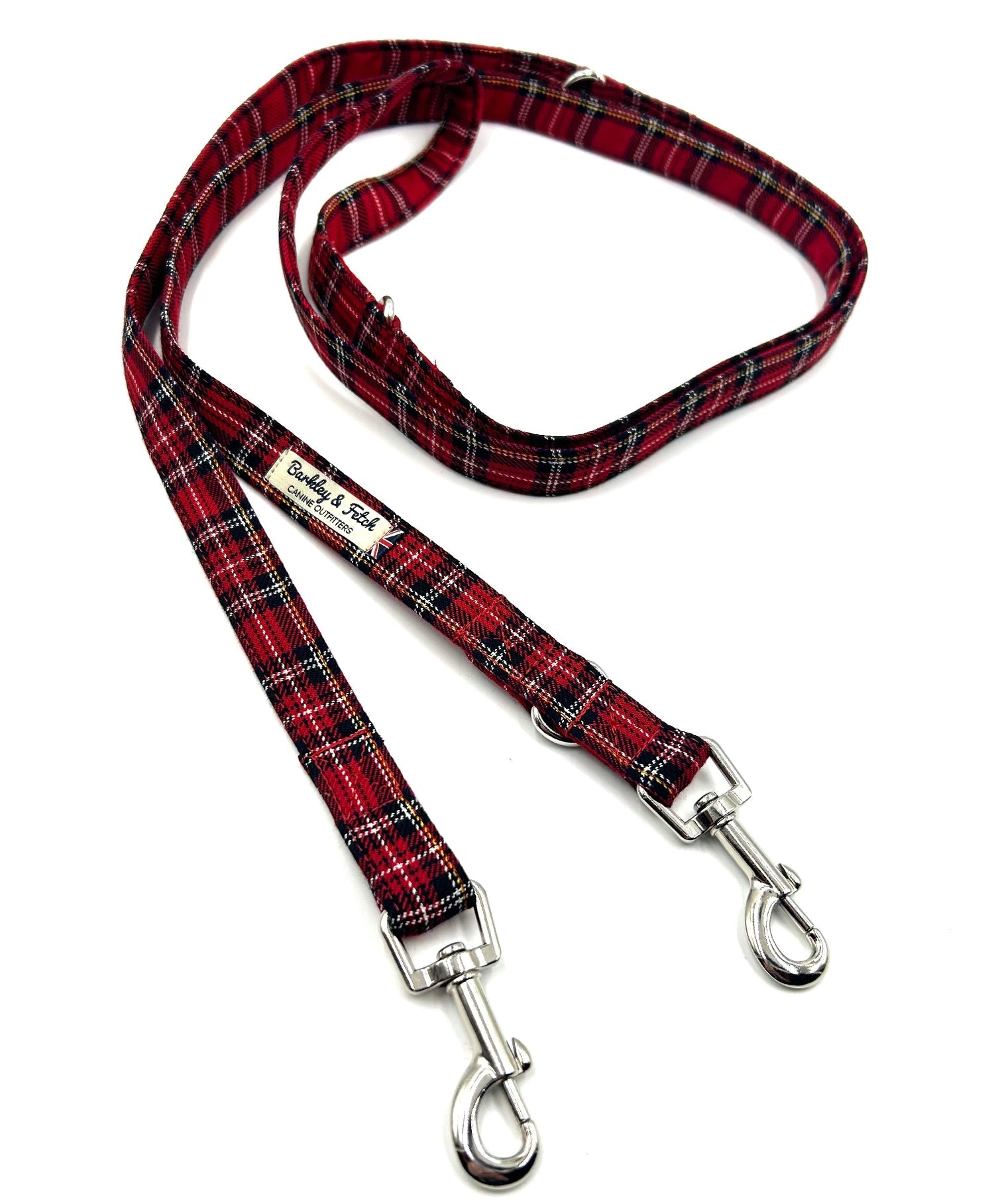 Handmade red tartan double ended dog training lead