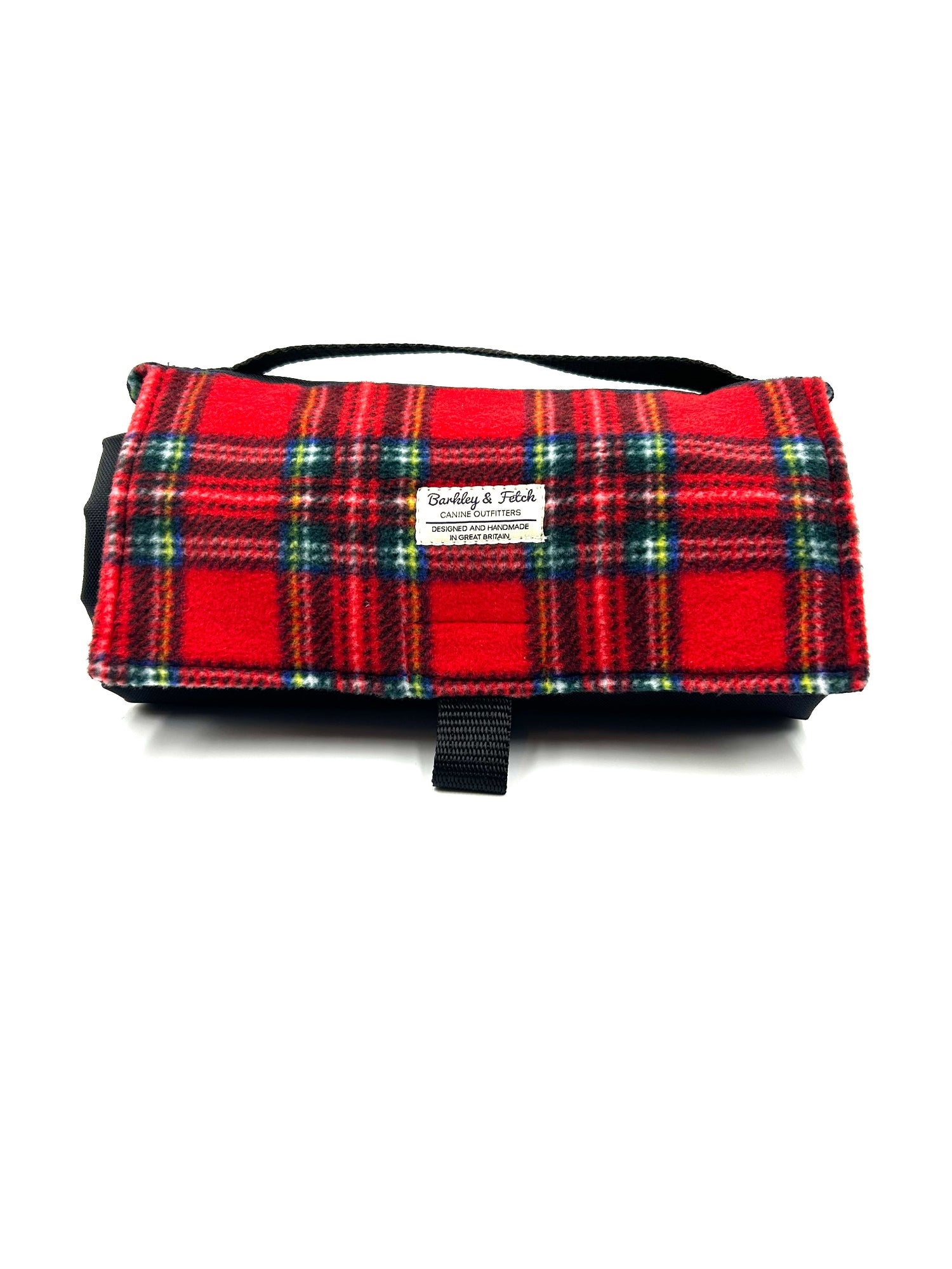 Handmade red tartan fleece rolled up sellable mat for dogs
