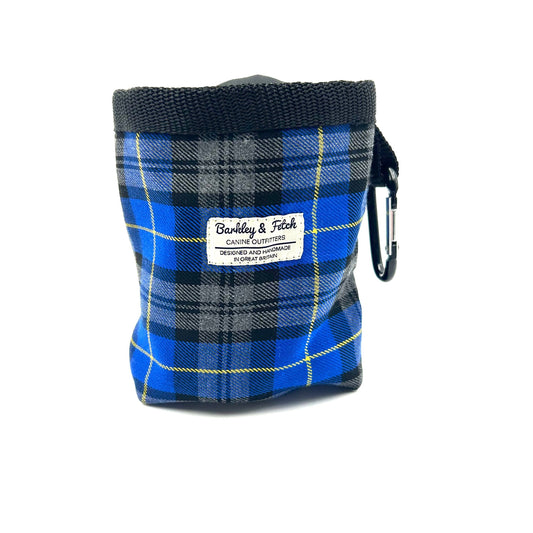 Handmade royal blue tartan treat bag with drawstring and attachable clip