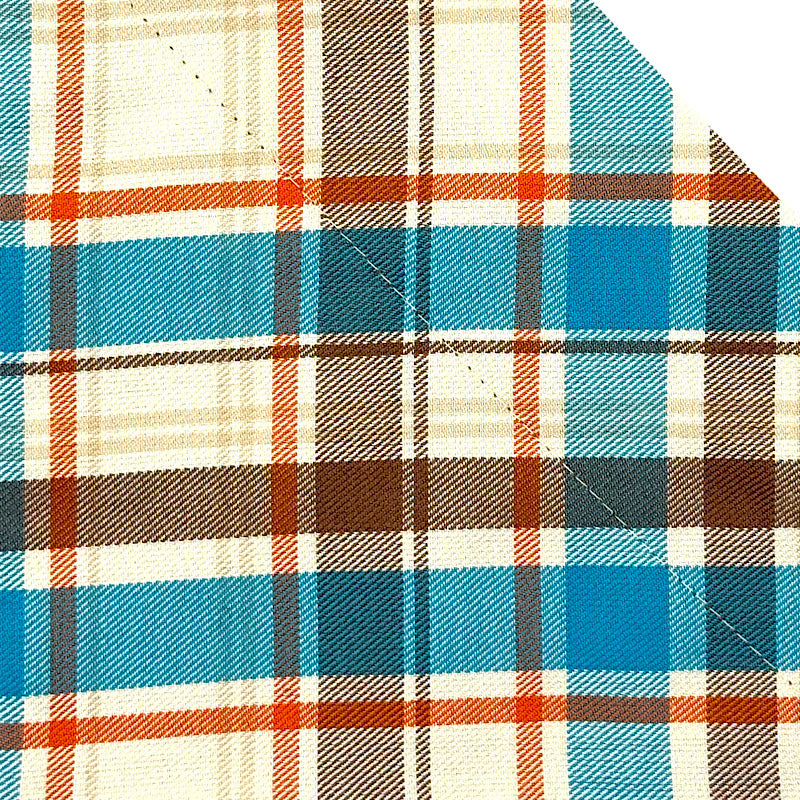 Plaid fabric with blue, brown, and beige pattern, Seabreeze check