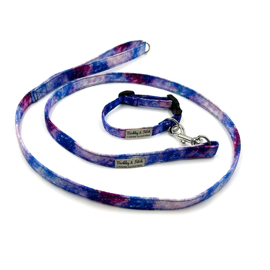 Cute handmade Space Odyssey pastel blue and purple galaxy print collar and lead set for puppies