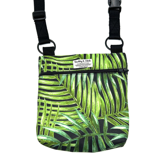 Handmade green and black tropical leaf print shoulder bag with black strap for dog walking