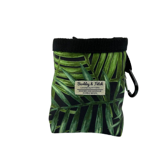Beautiful handmade green and black tropical leaf print treat bag with drawstring and attachable clip