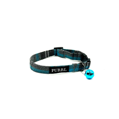 Stylish turquoise and grey tartan cat collar with bell, a bowtie and a bandana that can attach to the collar