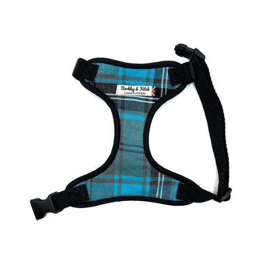 handmade Turquoise and Grey Tartan Dog Harness
