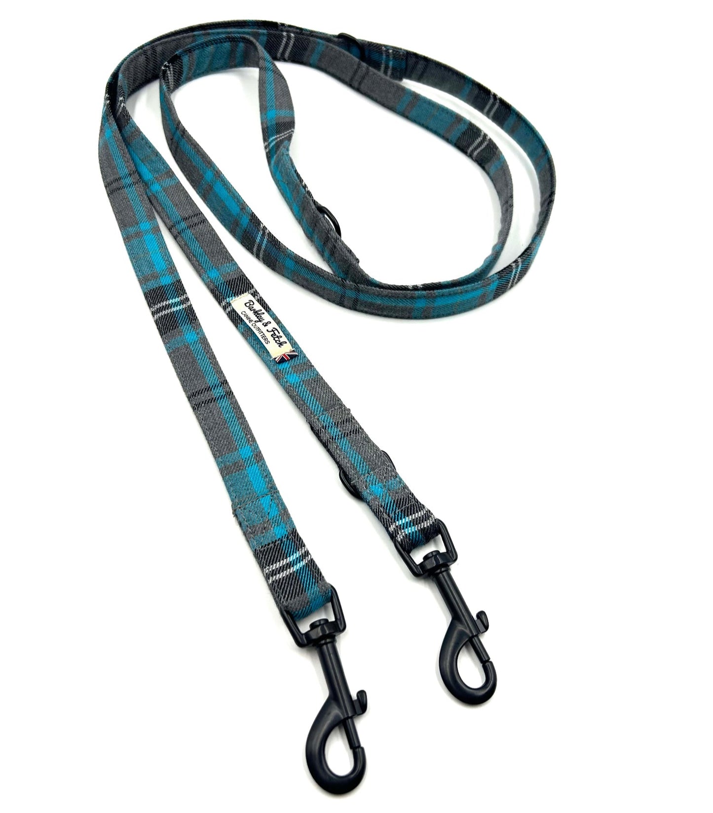 Stylish turquoise and grey tartan double ended dog training lead