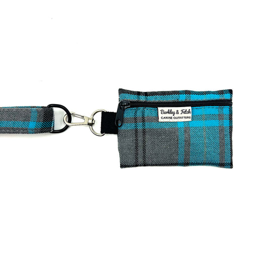 Handmade Turquoise and grey poo bag purse attached to a clip