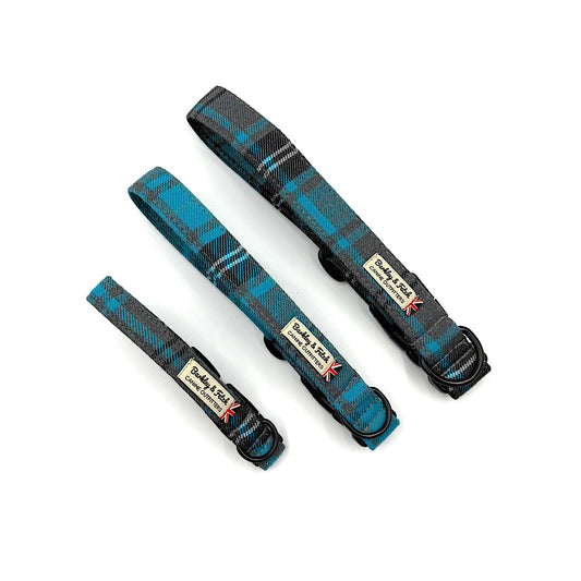 Turquoise and Grey Tartan Dog Collar