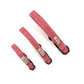 Three red herringbone-patterned dog collars with black hardware on a white background.