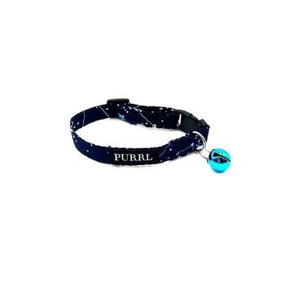 Cute handmade set of a collar with a bell, a bandana and a bowtie for cats in navy blue and white zodiac star print