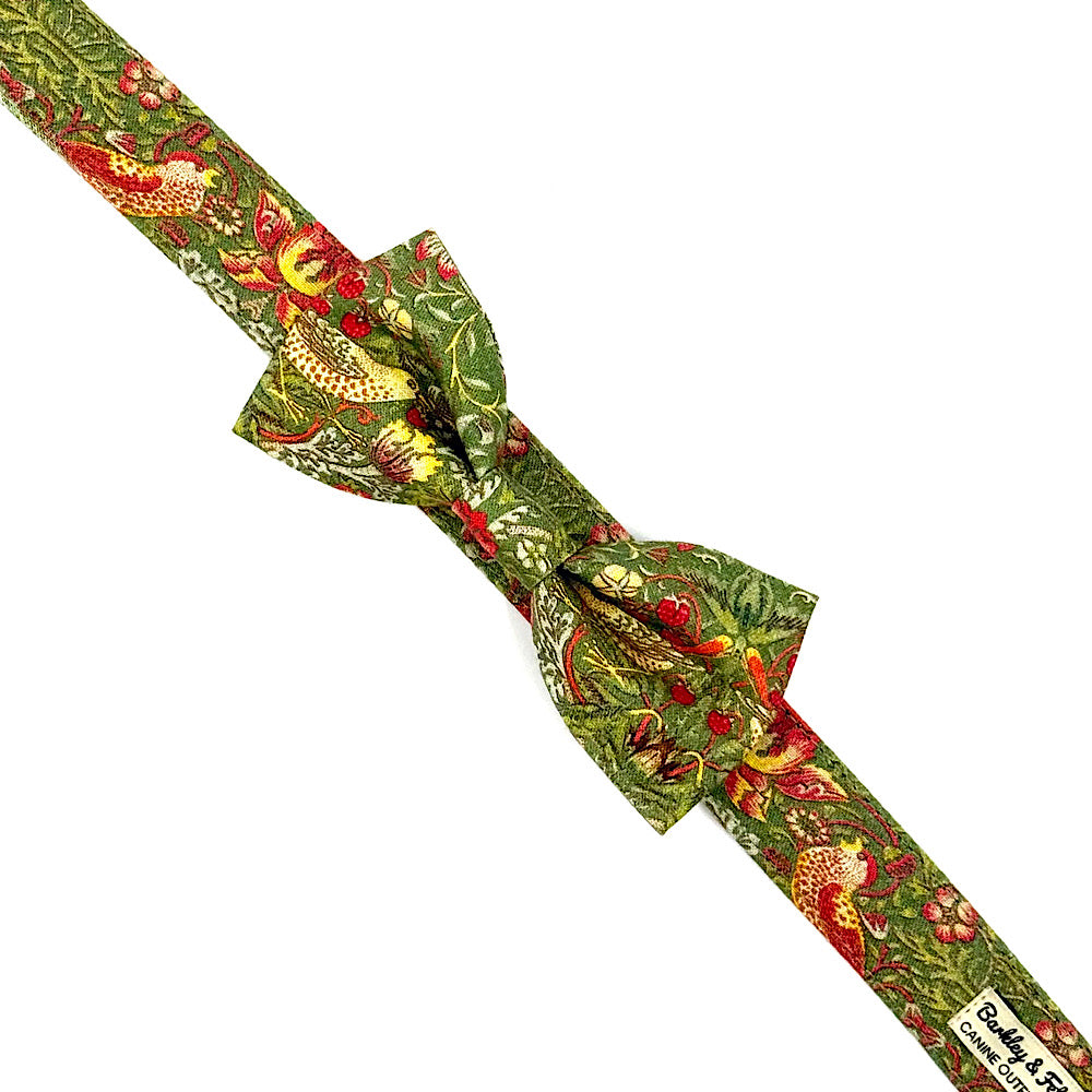 Green patterned bow tie on a white background. Handmade in UK by Barkley and Fetch