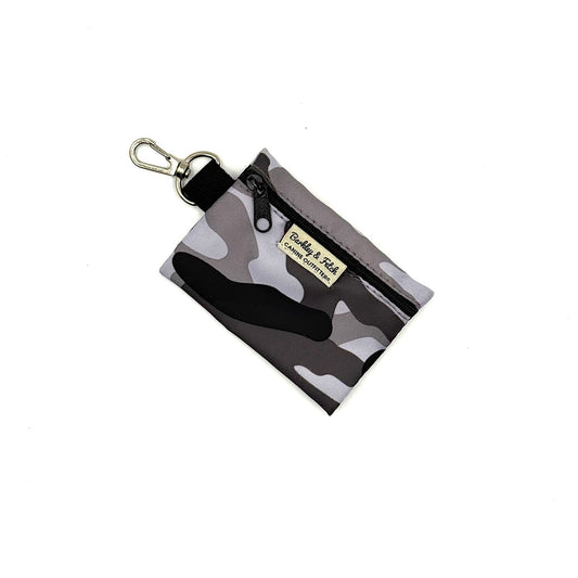 Camouflage patterned pouch with a keychain clip on a white background