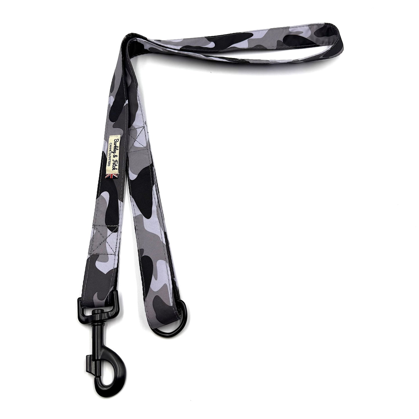 Camouflage-patterned dog leash with a black clip on a white background