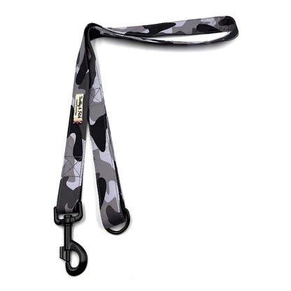 Camouflage-patterned dog leash with a black clip on a white background