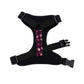 Black dog harness with floral pattern on a white background