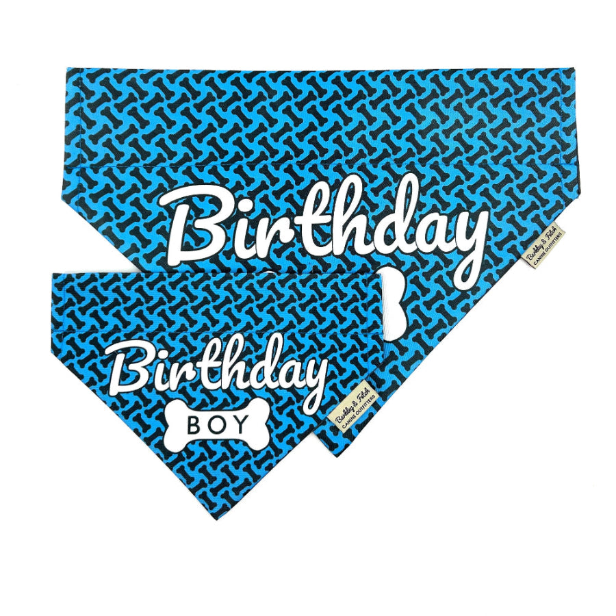 blue dog bandanas with birthday boy print on a white background handmade by Barkley and Fetch UK