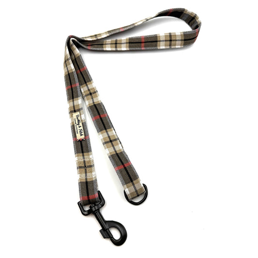 Plaid dog leash with a clip on a white background