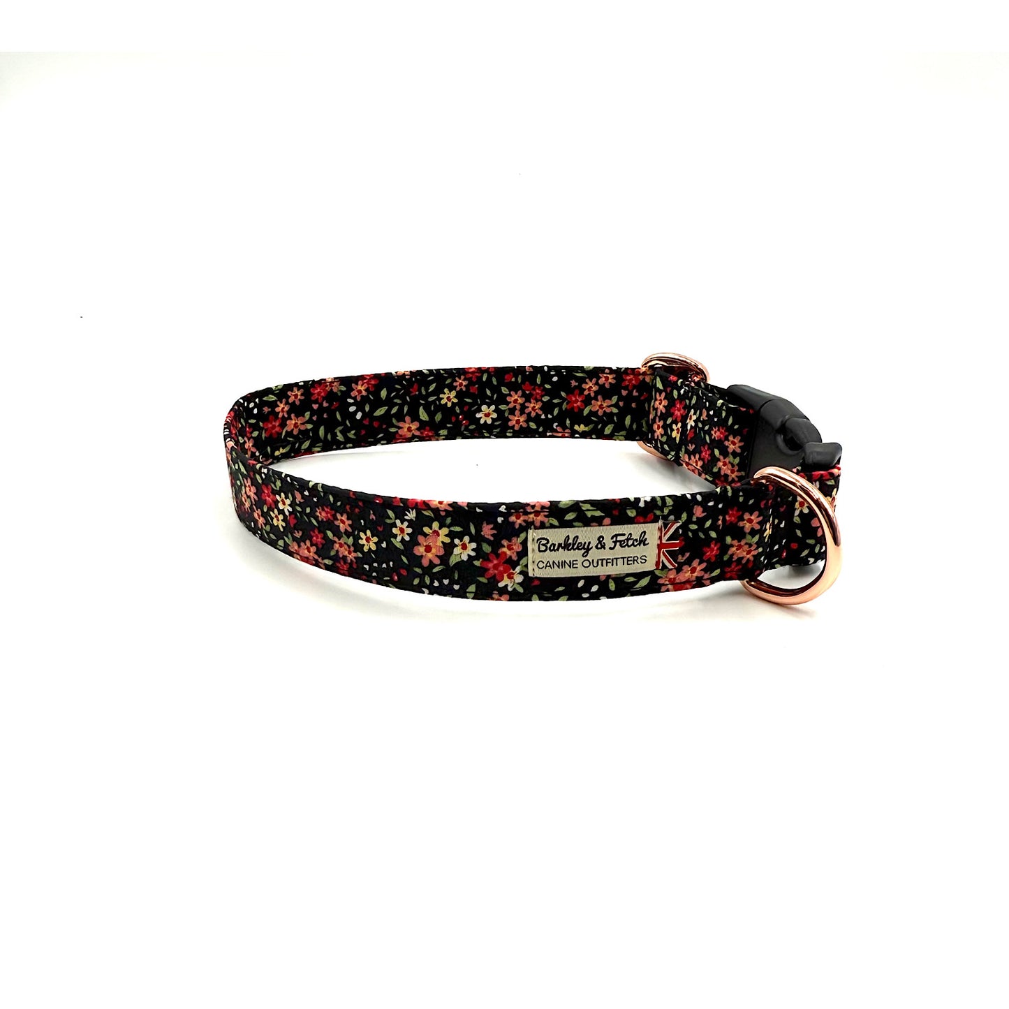 Floral patterned dog collar with brand name on a white background