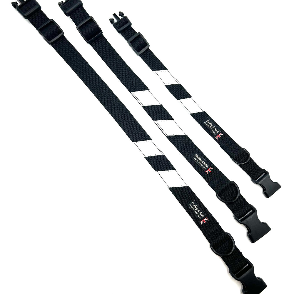 Black and reflective striped dog collars with black straps on a white background handmade by Barkley and Fetch UK