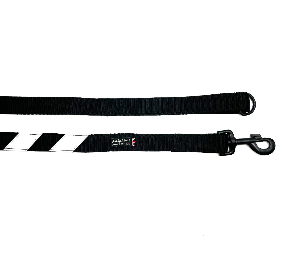 Black dog leash with a clip on a white background handmade by Barkley and Fetch UK