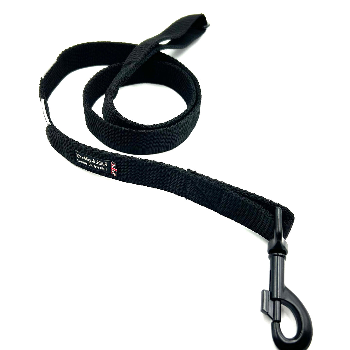 Black dog leash with a clip on a white background handmade by Barkley and Fetch UK